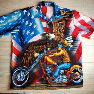 Vintage Sapphire Lounge Button Up Shirt sxM Patriotic Eagle Motorcycle